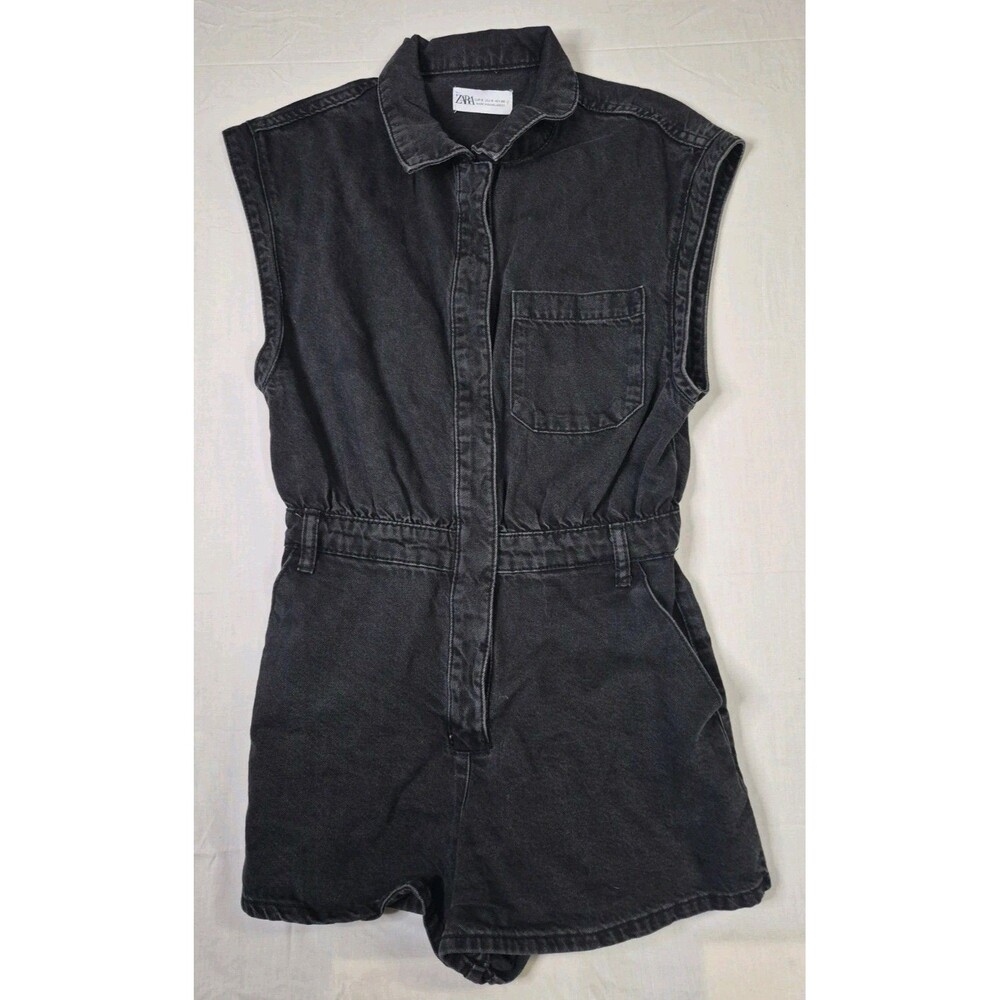 Zara Romper Women's Small Black Denim Blue Jean Short Sleeve Collared Grunge S
